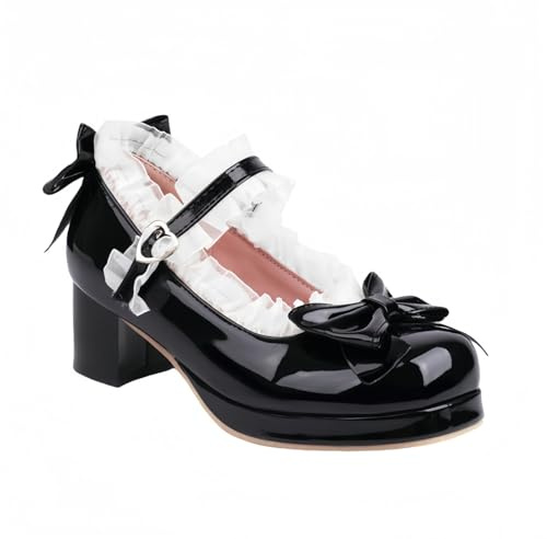 Jemnpela Mujeres Zapatos Kawaii Medio Bloque tacón Mary Jane Rockabilly Bombas con Encaje Recorte Arco Perla Plataforma tacón Grueso Lindo Dulce Zapatos de Boda