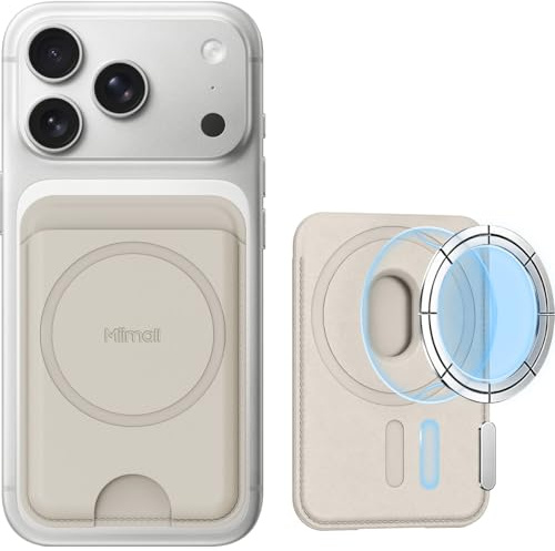 Miimall Mag-Safe plånbok kompatibel med iPhone 17 16 15 14 13 12-serien, smal magnetisk plånbok, PU-läder magnetisk korthållare för 3 kort, tunn magnetisk plånbok för iPhone mobiltelefon, Beige