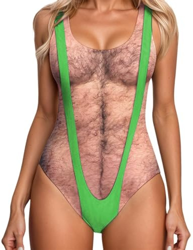 YOSUWOAI Bikini para mujer, bañador divertido con estampado 3D de pelo en el pecho, monokini divertido con músculos, secado rápido y control del abdomen, trajes de baño para fiestas en la playa
