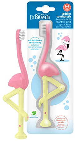 Dr. Brown’s Cepillo de Dientes Infantil para Niños de 1 a 4 Años con Forma de Flamenco - Filamentos Suaves y Resistentes - Mango Ergonómico de Fácil Agarre y Ventosa en la Base - Sin BPA