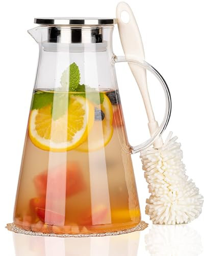 CNNIK Carafee Eau Verre 2 Liter Pichet eau Bouteille Verre Borosilicate Carafe d'eau Glouglou ​avec Acier Inoxydable Couvercle pour jus boissons thé glacé chaudes et froides Lait