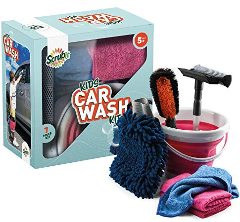 Kids Car Wash Activity Kit – 7 Kid-Sized Carwash Accessories Gifts for Boys & Girls Ages 5 6 7 8-10 - Outdoor Fun Toys – Set Includes Bucket, Squeegee, Microfiber Mitt, Wheel Brush, 3 Cleaning Cloths