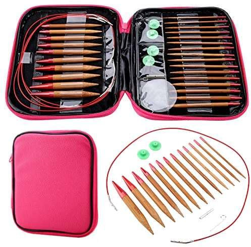 Fyearfly Austauschbares Stricknadel Set, 13 Paar Häkelnadel Set Aus Karbonisiertem Bambus, Näh Häkelnadel Set Mit Aufbewahrungsbox für handgefertigtes DIY Stricken (75 mm-10 mm)