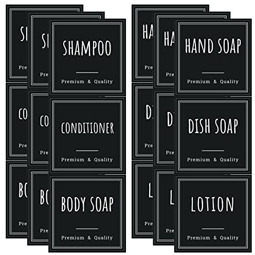 Segbeauty 18 Pezzi Etichetta Autoadesiva Impermeabile per Dispenser di Sapone da Bagno, Set di Adesivi per Bottiglie di Plastica/Vetro, per Classificare il Dispenser a Pompa, Quadrato Nero