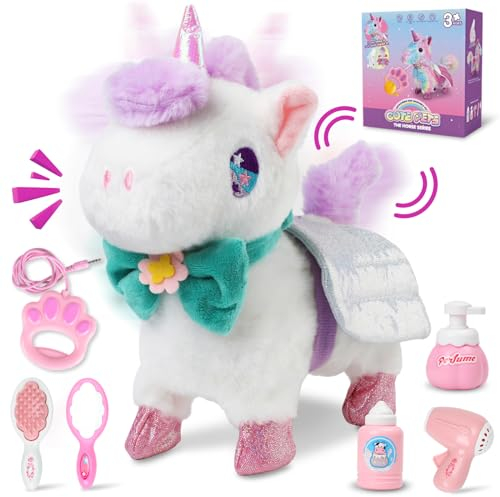 Ulikey Elektrisches Einhorn Plüschtier, Sprechendes Einhorn mit Ferngesteuerter Leine, Interaktives Laufendes Einhorn mit Gehen Bellen und Schwanzwedeln, Plüsch Einhorn für Mädchen Junge 3+ Jahre