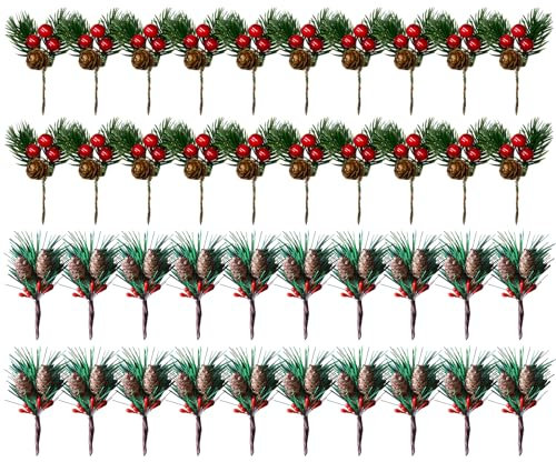 WideSmart 40Pcs Christmas Berries Pine Branches,Artificial Christmas Pine Picks Artificial Pines Picks christmas Pines Tree Branches Berries Wreath Garland Decorations