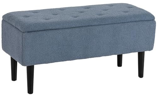HOMCOM Puff Almacenaje, Banco Almacenaje Plegable, Capacidad de 57 L, 95x38x45 cm, Tapizado en Borreguito, Pie de Cama con Tapa Abatible y Patas de Madera, para Salón, Dormitorio, Entrada, Azul