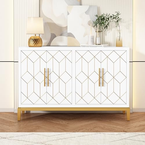 HOLTICO Kommode Sideboard Küchenschrank Mehrzweckschrank Badschrank Weiß 4-türig mit verstellbarem Regal - Freistehender Schrank für Küche, Wohnzimmer - Goldene Linien und Beine