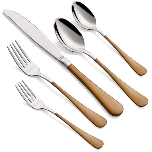 MDEALY 20-Piece Brown Silverware Set for 4, 18/0 Stainless Steel Flatware Cutlery Utensils Set, Include Dinner Knives,Dinner Forks,Dinner Spoons,Salad Forks,Teaspoons,Dishwasher Safe