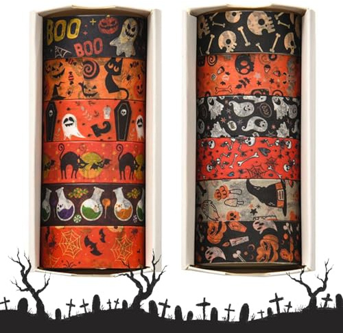 CavspkArt 12 Rolls Halloween Washi Tape Set Halloween Ghosts Pumpkin Skulls | Pattern Decorative Masking Tapes Gold Foil Halloween Paper Tape Arts and Craft Washi Tapes for Scrapbooking Planners