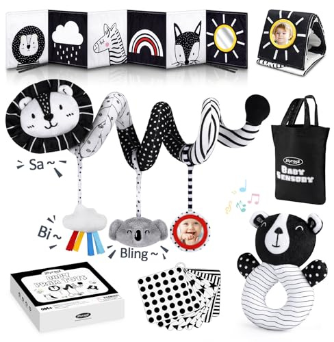 Joyreal High Contrast Baby Toys for Newborn, Black and White Baby Sensory Toys with Car Seat Toys,Infant Toys with Black White Cards Book, Montessori Toys for Baby Gifts
