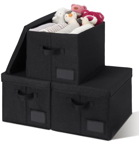 GRANNY SAYS Contenitori portaoggetti con coperchi, contenitori in lino per scaffali, scatole decorative per riporre e organizzare vestiti, confezione da 3, Jumbo, nero
