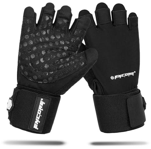 Encore Grips® Fitness Handschuhe für Herren und Damen - Trainingshandschuhe mit Handgelenkbandage für Krafttraining, Gym, Krafttraining, Kraftsport, Training, Radsport, Bodybuilding (Schwarz, XL)