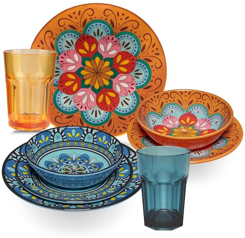 Melamin Geschirr Set Toskana Pastel für 2 Personen - 8 Teile - Orange-Blau - Mandala-Optik mit farblich passenden Trinkgläsern 400 ml aus Acryl Essgeschirr Zubehör Campinggeschirr Wohnwagen Camping