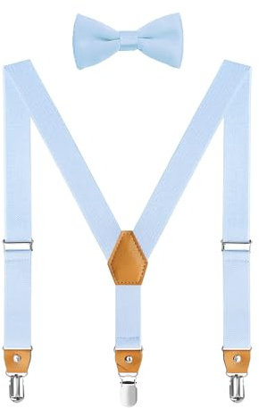 DEOBOX Suspenders for Boys and Men's Bow Tie Set Elastic Adjustable with Strong Metal Clips Light Blue 47