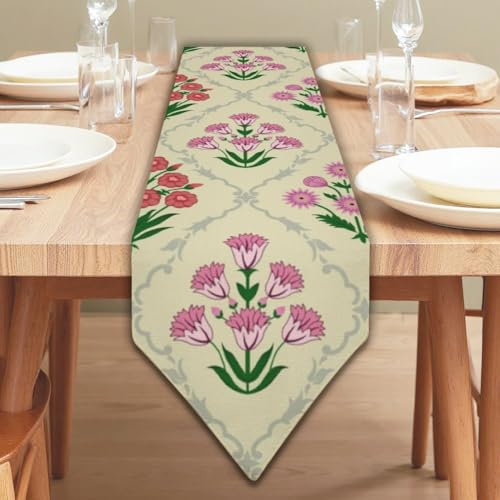 Pink Red Flower Green Leaves Geometric Table Runners Dresser Runner Table Turner for Dining Easter Decor for Home Spring Decorations Home Kitchen Dining Holiday Decor 13 × 70 inch