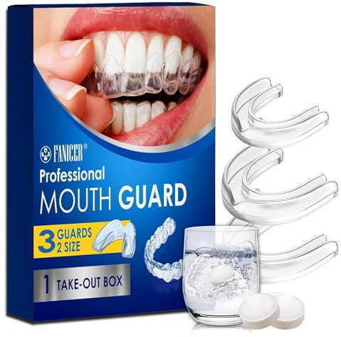 Pack de 3 Férulas de Descarga para Bruxismo Nocturno + 12 Pastillas Limpiadoras - Protector Bucal Anti-Bruxismo en 2 Tamaños, Reduce Ronquidos, Férula Dental Transparente para Dormir- Unisex Adultos