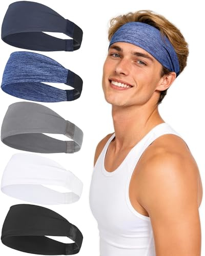 AWUMBUK Serre Tete Homme 5 Pcs Bandeau Cheveux Homme, Elastique Bandeau Sport Homme Absorbant La Transpiration Et Respirant Headband Idéal pour Le Fitness, La Course À Pied, Etc