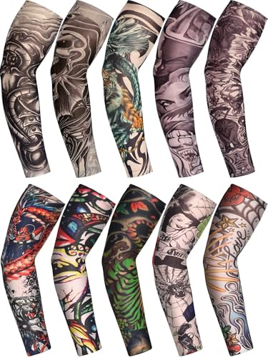 Boao 20 Pcs Men's Cooling Arm Sleeves Long Fingerless Arm Cover Anti Slip UV Protection Sun Temporary Tattoo Sleeves (Novelty Style,Bright Colors,Medium)