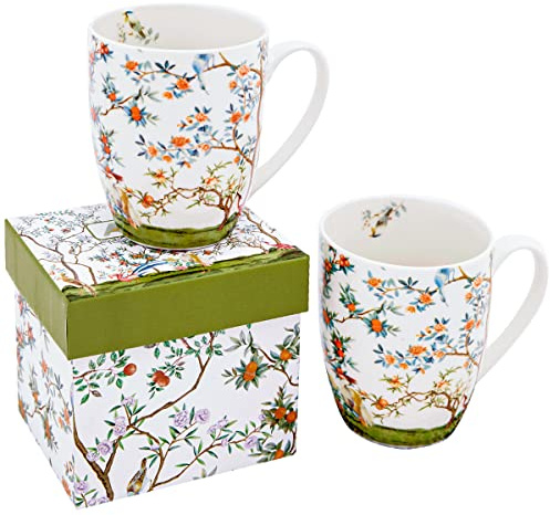 ALYC Fine China Coffee Mug Set – Bird and Branch Flower Teacup Design – 2Pack Porcelain Tea Cups with Gift Box (Bullet 12OZ)
