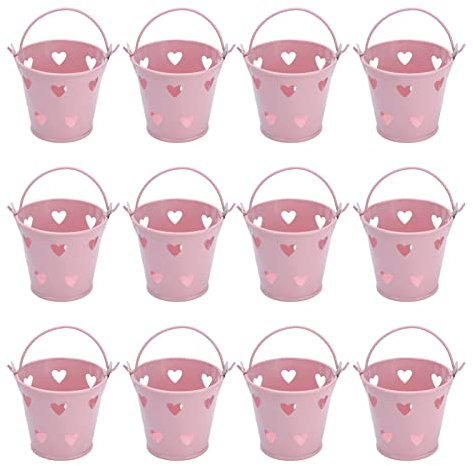 Natudeco 12 Pcs Mini Seau en Métal Creux en Forme De Coeur Bonbons Seau Fer Pot De Fleurs Petit Snack Seau avec Poignée pour Bonbons Extérieur Fleur Cosmétiques