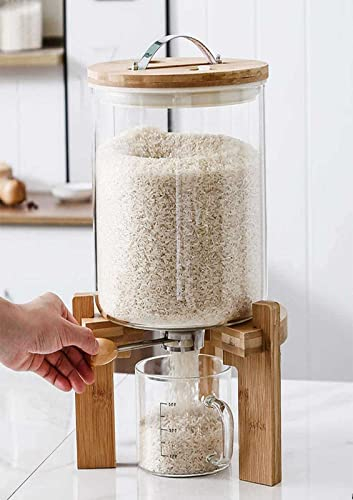 Dispensador de arroz y contenedor de cereales 5L/7.5L dispensador de arroz con tapa hermética y soporte de madera, recipiente de vidrio para almacenamiento de alimentos para organización de cocina y