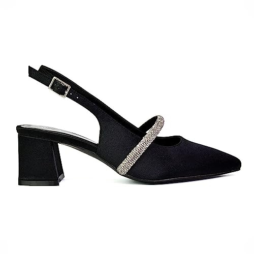 ESSEX GLAM Womens Low Heel Bridal Shoes Ladies Pull On Slingback Diamante Strap Wedding Party Pointed Toe Courts Pumps Size 3-8