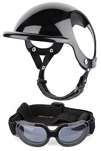 Pratvider 2 Dog Sunglasses and Pet Helmet Set with Dog Goggles, Pet Safety Cap with Adjustable Strap for Motorcycle Riding, Walking Head Gear for Small Medium Large Dogs