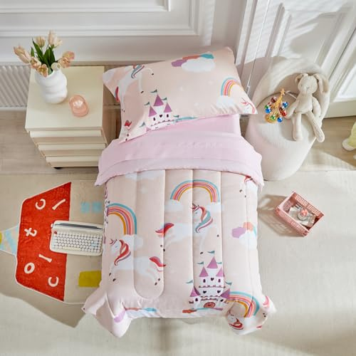 4 Pieces Toddler Bedding Set for Girls Light Pink Unicorn Toddler Bed Set - Soft Castle Rainbow Cute Princess Baby Bed in a Bag - 1 Comforter Set 1 Fitted Sheet 1 Flat Sheet 1 Pillowcase