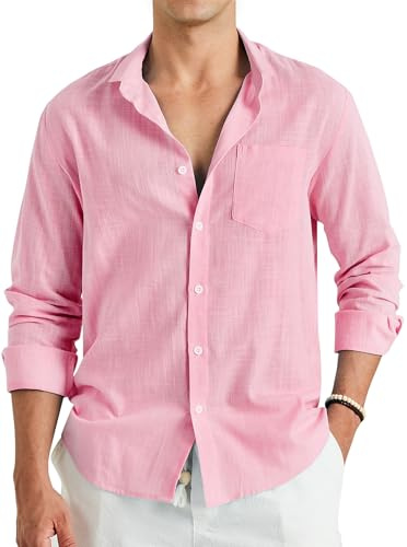 Enlision Camisas Lino Rosa Hombre Manga Larga Verano Camisa para Hombres de Algodon Cuello Mao Casual Henley Shirts Elegantes Playa Ligera L