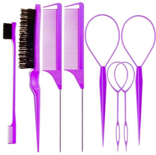 ZVOREI 8Pcs Hair Brushes Set with 4Pcs Topsy Hair Tail Tools 1Pcs Bristle Teasing Hair Brush 1Pcs Edge Control Brush 2Pcs Metal Pin Rat Tail Combs for Woman Girl Hair Styling,Edge&Back Brushing purple