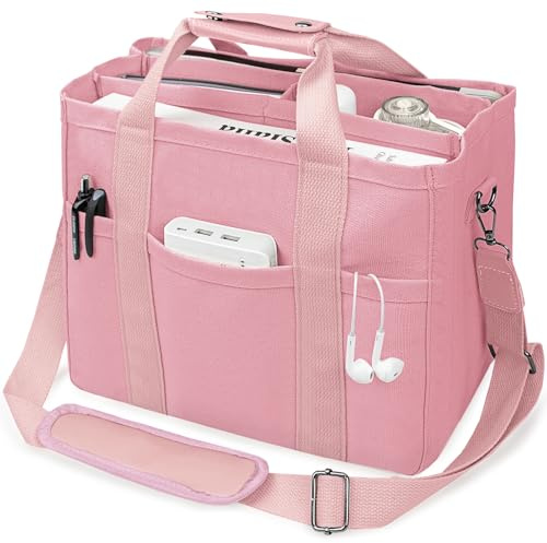 ABOUME Canvas Tote Bag with Multi-Pocket for Women Large Crossbody Shoulder Handbag Everything Tote Bag with Compartments (Pink, X-Large)