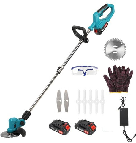 DéBroussailleuse à Batterie Electrique 21V 2000mAh Coupe Bordure sans Fil avec 2 Batterie & avec 3 Types De Lames, Pliage Rétractable, Tête Pivotante 90°pour Jardin Élagage Royaume-UNI