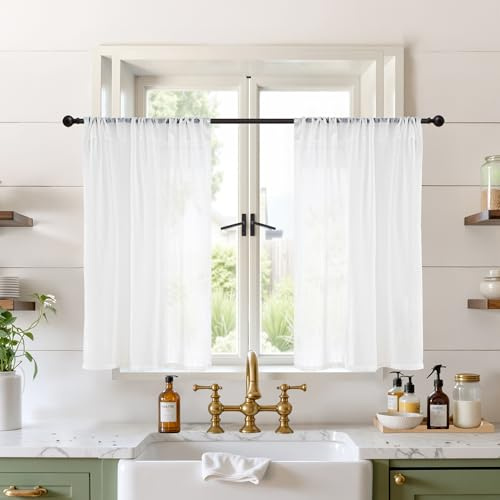 BGment White Linen Semi Sheer Curtains 36 Inch Length for Kitchen Cafe Window - Small Drapes Light Filtering with Rod Pocket Lightweight for Cafe Bathroom, 2 Panels Set, 30 X 36 Inch