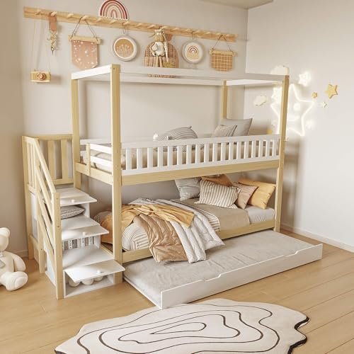 NQSLDM Etagenbett 90x200 cm mit Ausziehbett und Rausfallschutz, Stockbett mit Treppe und Stauraum, Bettgestell mit Lattenrost, Stauraumbett für Kinder und Jugendliche, Weiß