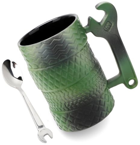 Umllpet Däckkopp med sked 500 ml, stor keramisk kaffekopp, 3D-handtag, bilkopp, fars daggåva för män, pappa, bilälskare och mekanik, perfekt för kontor, hem och födelsedag (grön)