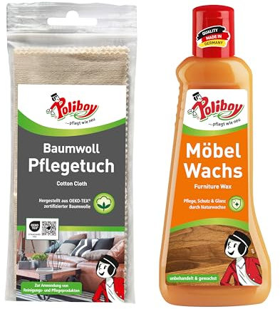 POLIBOY Möbel Wachs - Flüssiges Holzwachs zur Möbelpflege und Imprägnierung von Holzmöbeln - Mit pflanzlichen Wachsen - 1x 200 ml - inkl. Baumwolltuch zur Anwendung - Made in Germany