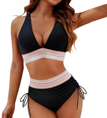 Ensembles Maillots Deux Pièces pour Femmes 2025,Été Chic et Élégant Col V Push Up avec Bretelles Spaghetti,Maillot de Bain Femme 2 Pièces Rembourré Taille Haute,Bikini Triangle Plage et Piscine
