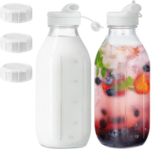 LUPATDY Uppsättning av 2 glasflaskor med lock, 1 liter – mjölkflaskor med skruvlock, juiceflaskor för att fylla smoothie-flaska, Kombucha-glas