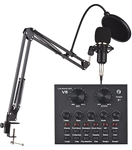 V8 Microphone à condensateur externe pour carte son en direct avec table de mixage réglable Bras de suspension en ciseaux et support antichoc pour streaming, karaoké, chant, musique podcast