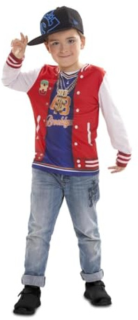 My Other Me - Disfraz para niño de Rapero con camiseta estampada en rojo y blanco talla 8-10 años. Listo para el espectáculo urbano más divertido.