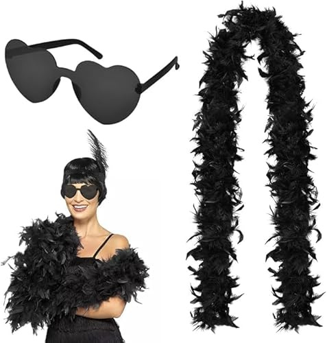 flintronic Colorful Feather Boas, Feather Boas with Heart Rimless Sunglasses, 6.6ft/2M Natural Turkey Feathers Fancy Dress, Feather Scarf for Dancing Wedding Party Cosplay Carnival Halloween