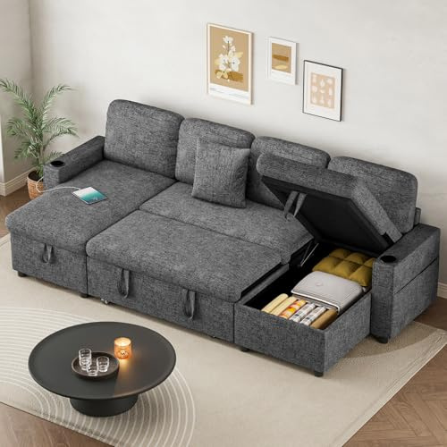 Corner Sofa Bed, U-Shaped Convertible Sleeper Sectional Sofa Bed with Storage, USB & Type-C Ports, Cup Holders and 2 Cushions, 4 Seater Chenille Pull Out Couch Bed for Living Room, Bedroom, Grey