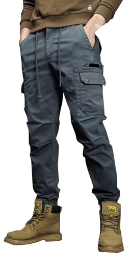 Pantaloni cargo da uomo, pantaloni cargo da uomo, con risvolto, classici pantaloni da lavoro elasticizzati, con multitasche, leggeri, per escursionismo, corsa, con coulisse, fondo classico, retrò, per