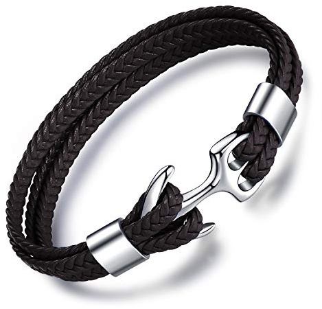 Unendlich U vävt läderarmband, flera lager med retro ankare rostfritt stål, herrarmband, jul födelsedagspresent, En storlek, Läder, Utan sten