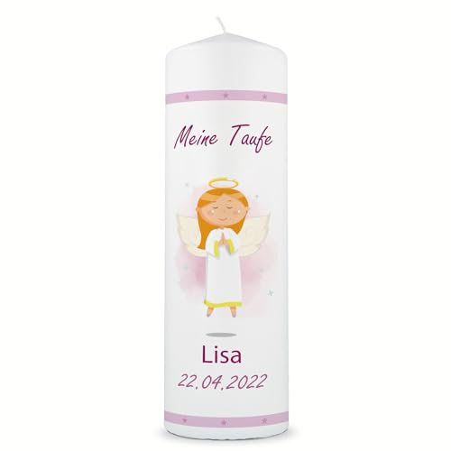 GRAVURZEILE Taufkerze Engel mit Namen, Datum & Taufspruch - Hochwertige Stumpenkerze 250/80 mm brilliant bedruckt - Personalisiertes Taufgeschenk für Mädchen & Jungen - Weiß Farbe Mädchen