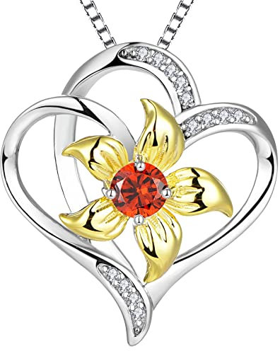 YL Herz Halskette 925 Sterling Silber Schliff Januar Geburtsstein Granat Lilie Blume Liebe Anhänger für Frauen,Kette 45+3CM