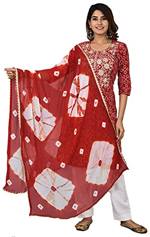 Vrnda Dam bomull indisk bandhej tryck rak kurta set okbroderi Kurti med byxa och Dupatta set klänning
