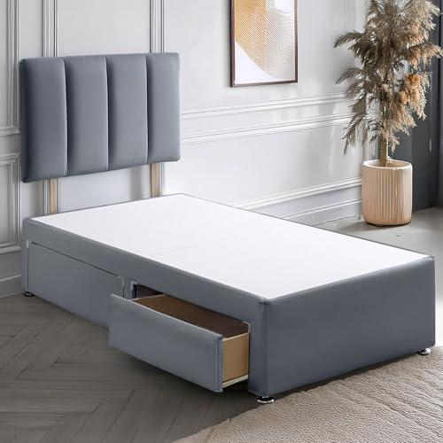 ComfoRest 4 Panel 3FT Single Divan Bed with Drawers (x2) – Grey base and 24 inch headboard – sturdy base for all mattress types, easy assembly, UK made