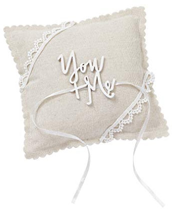 ZauberDeko Ringkissen Hochzeit Boho 'You+Me' Leinen Natur Spitze Trauringe Kissen 14 x 14 cm